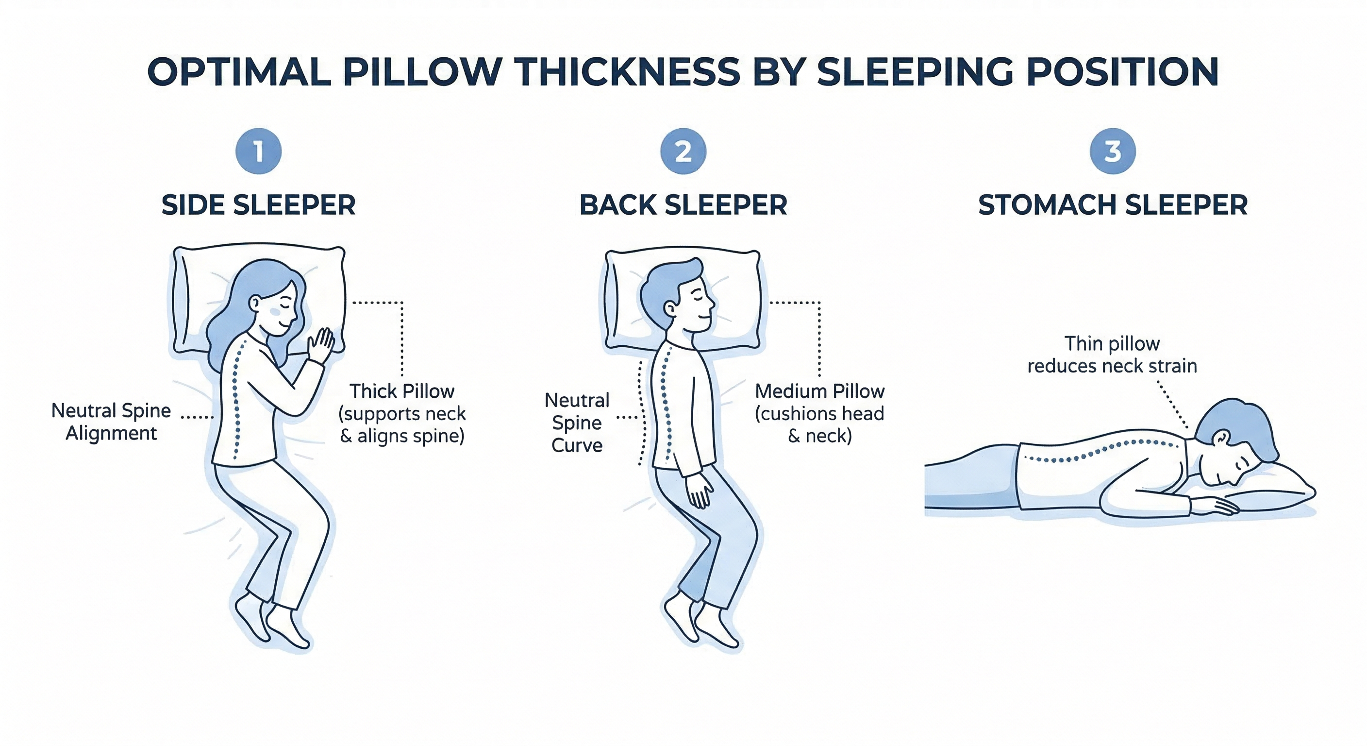 Side back and stomach sleeping positions showing correct pillow height for each sleep style