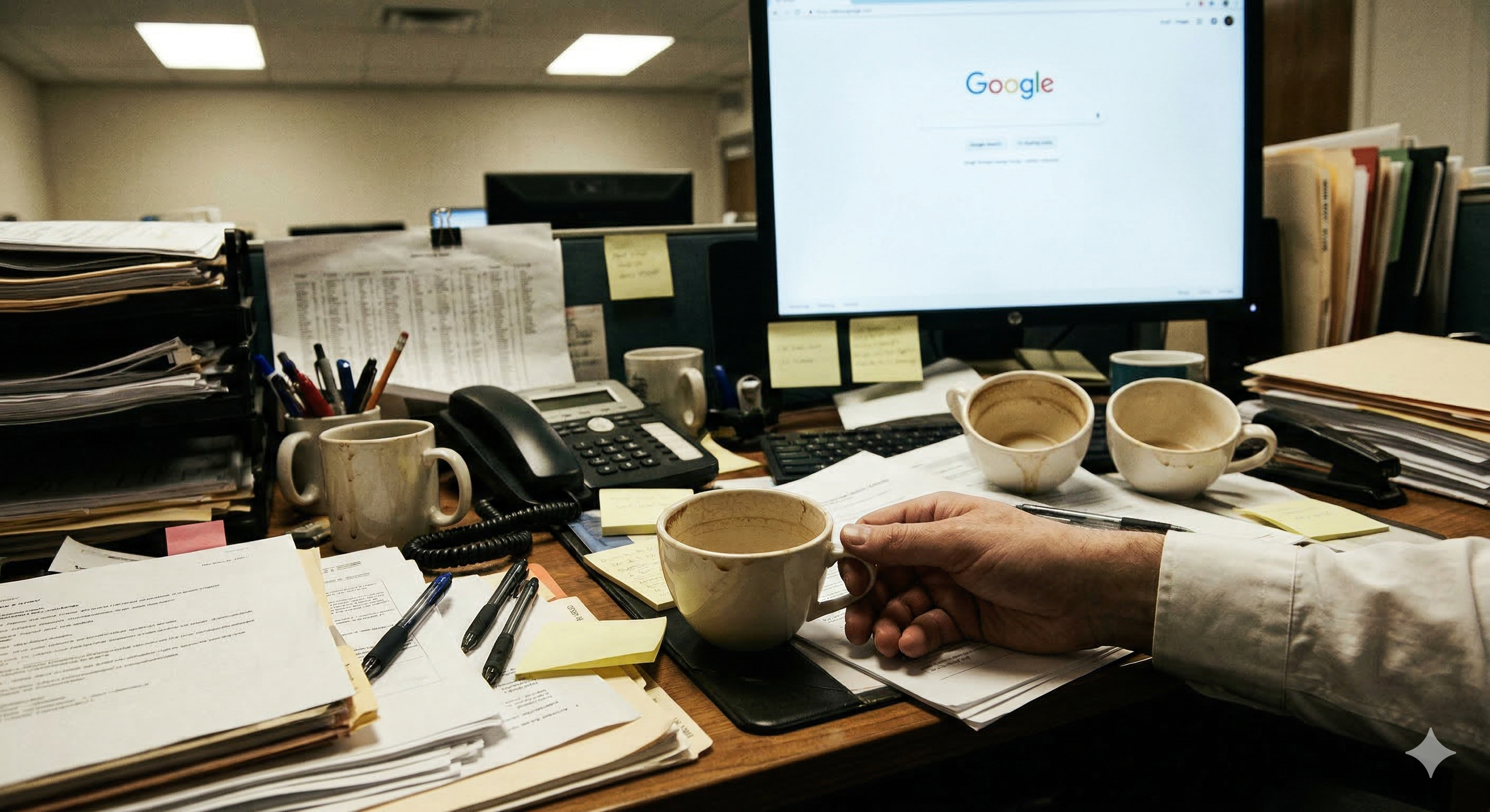 Exhausted office worker reaching for third cup of coffee at desk searching why am I always tired