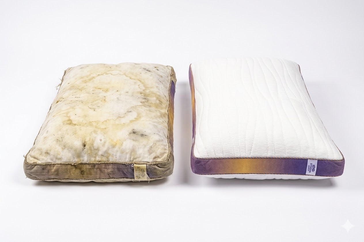 Yellow stained pillow showing sweat and body oil discoloration over time compared to a new pristine pillow